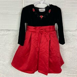 Rare Editions Black and Red floral crushed velvet long sleeve pleated dress 4T